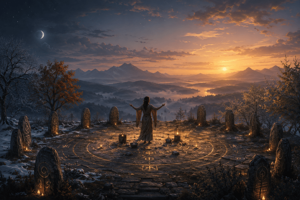 A woman stands in a ritual circle with standing stones and candles around her. 